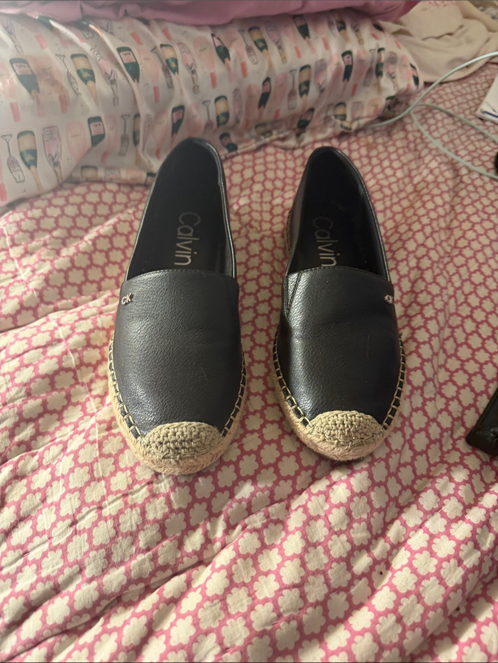Calvin Klein Black Leather Espadrille Slip-Ons with Jute Trim 8 1/2